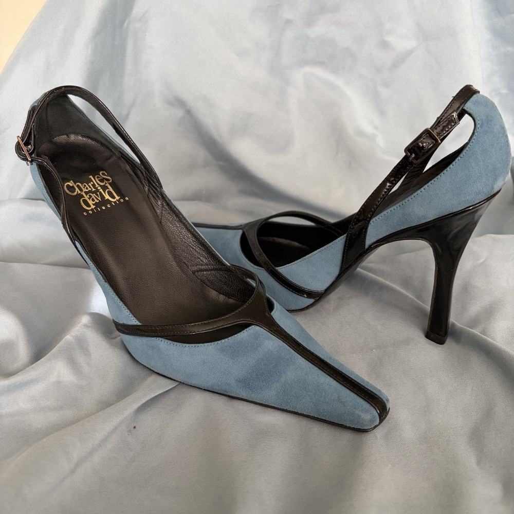 Charles David Slingback Heels Womens 5.5 Blue Suede Black Leather Stiletto